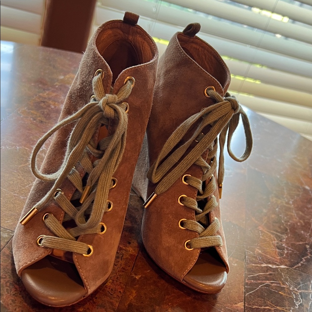 Joie Tan Suede Lace-Up Peep Toe Boots